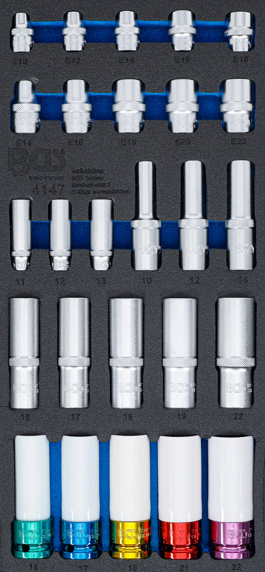 Werkstattwageneinlage 1/3: Steckschl&uuml;ssel-Eins&auml;tze | Sechskant, tief 11 - 22 mm | E-Profil E10 - E22 | 6,3 mm (1/4"), 10 mm (3/8"), 12,5 mm (1/2") | 26-tlg.
