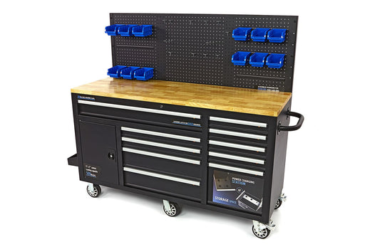 HBM 158cm 10 Schubladen Werkbank mit Tür und Rückwand - SCHWARZ